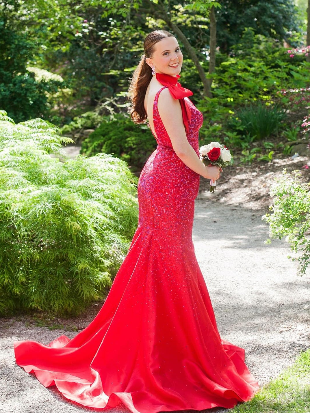 Deep V-Neck Sleeveless Fully Beaded Satin Trumpet Mermaid Prom Dress with Bows