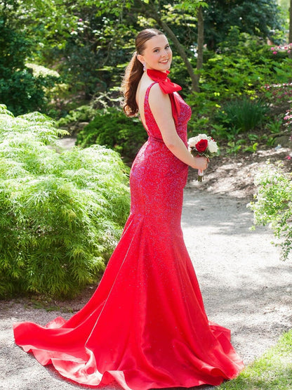 Deep V-Neck Sleeveless Fully Beaded Satin Trumpet Mermaid Prom Dress with Bows