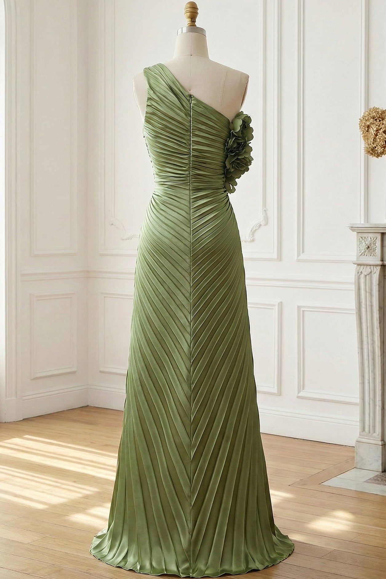 Asymmetrical-Neck Sleeveless 3D-Florals Chiffon Pleated Mermaid Prom Dress with Slit