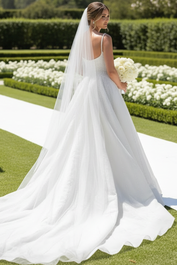 Scoop-Neck Spaghetti Straps Fully Sequined Beaded Chiffon Pleated A-Line Wedding Dress