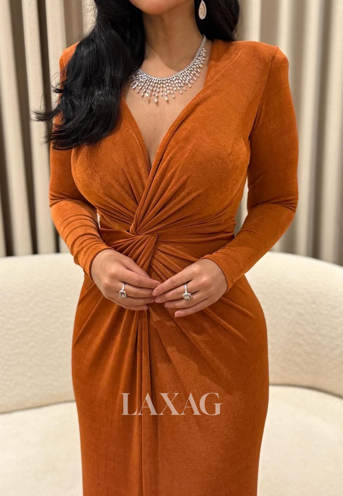 Deep V-Neck Pleated Satin Formal Gowns Long-Sleeves Floor-Length Mermaid Evening Dress