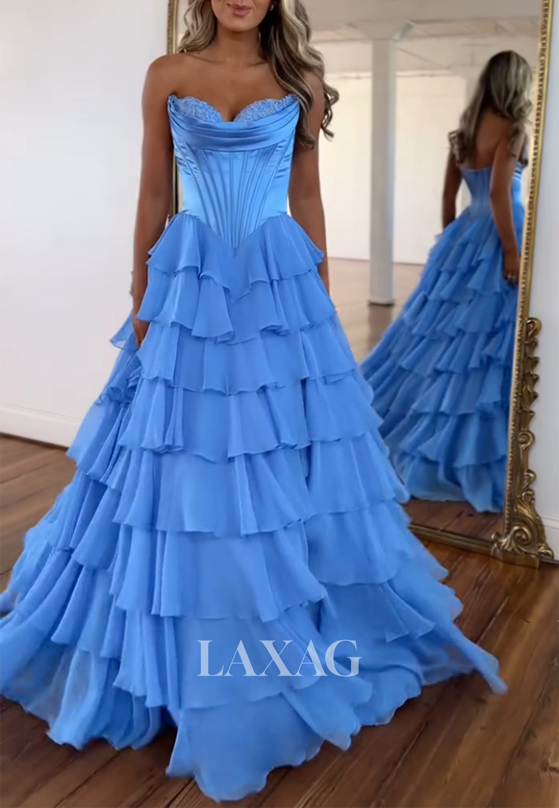 Sweetheart Sleeveless Floral Tiered A-line Prom Dress Off-Shoulder Pleated High Slit Party Gowns