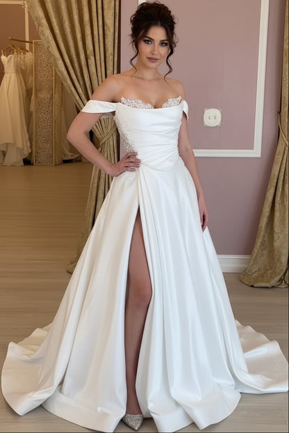 Sweetheart Sleeveless Sequined Beaded Satin Pleated High Slit A-Line Wedding Dress