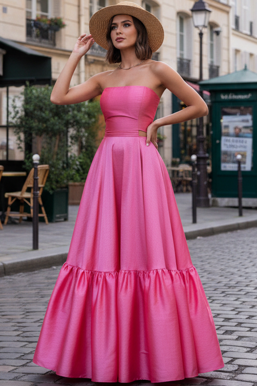 Tube Top Off-Shoulder Sleeveless Satin Pleated Floor-Length Simple A-Line Prom Dress