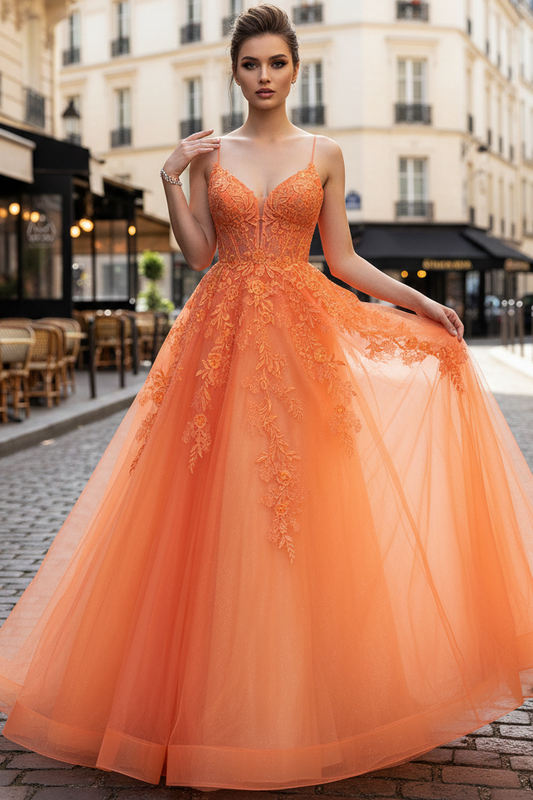 V-Neck Spaghetti Straps Sleeveless Floor-Length Applique Tulle Pleated A-Line Prom Dress