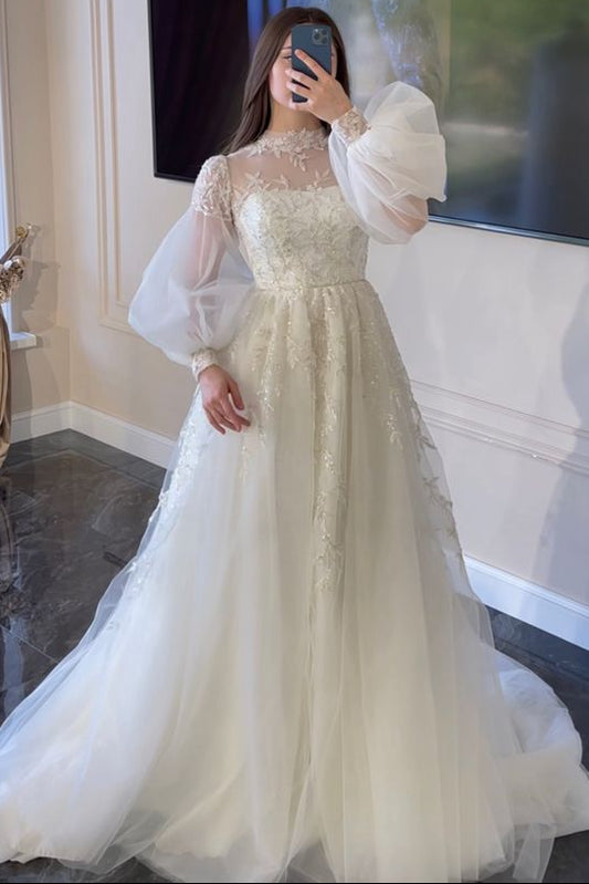 High-Neck Long-Puff-Sleeves Sequined Applique Tulle Pleated A-line Wedding Dress with Train