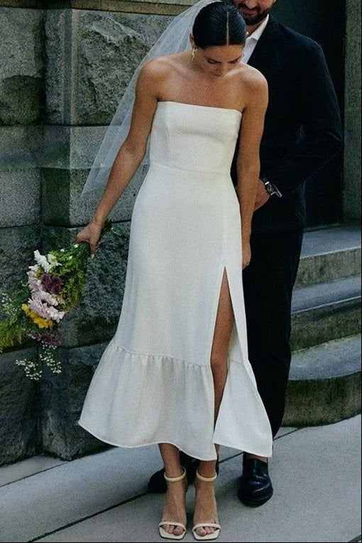 Tube Top Sleeveless Satin Pleated Ankle-Length Mermaid Wedding Dress with Slit