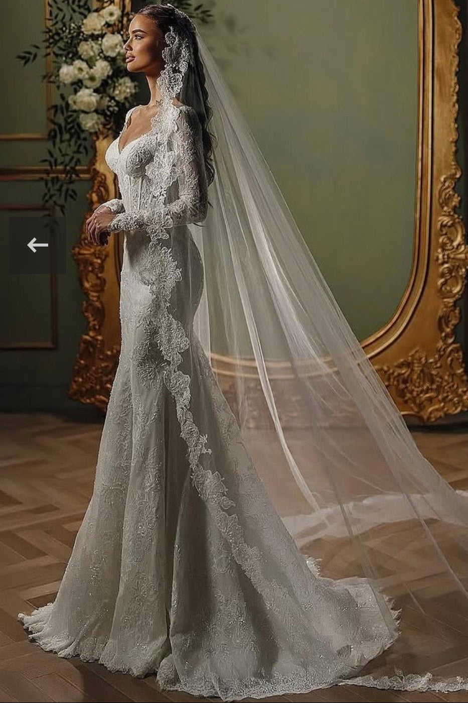 V-Neck Long-Sleeves Fully Sequined Beaded Allover Lace Pleated Mermaid Wedding Dress