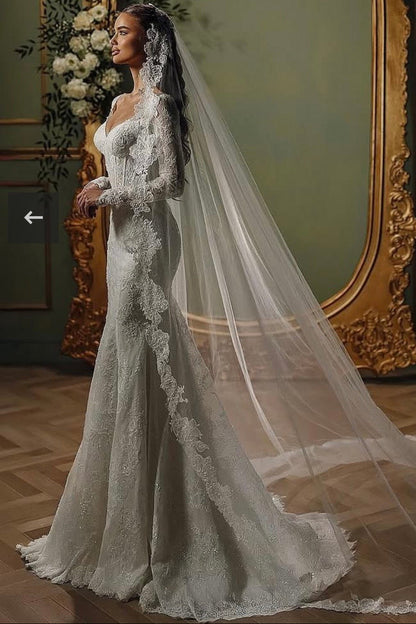 V-Neck Long-Sleeves Fully Sequined Beaded Allover Lace Pleated Mermaid Wedding Dress