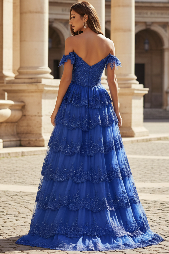 A-Line Sweetheart Sleeveless Party Gowns Beaded Glitter Applique Tiered Prom Dress with Slit