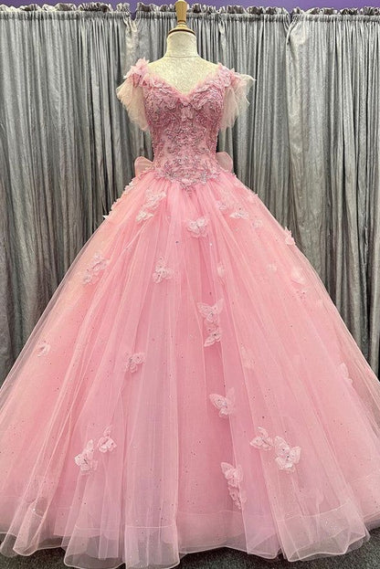 V-Neck Straps Sleeveless Beaded Sequined Applique Tulle Pleated A-Line Prom Dress