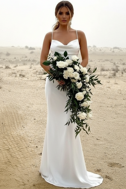 V-Neck Spaghetti Straps Sleeveless Satin Pleated Floor-Length Mermaid Wedding Dress