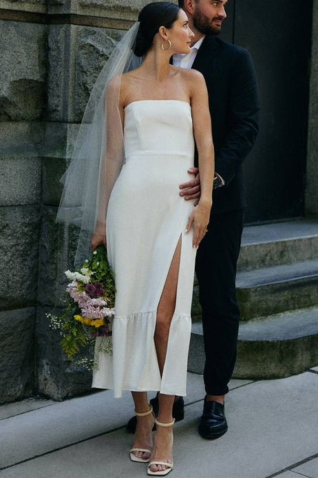 Tube Top Sleeveless Satin Pleated Ankle-Length Mermaid Wedding Dress with Slit