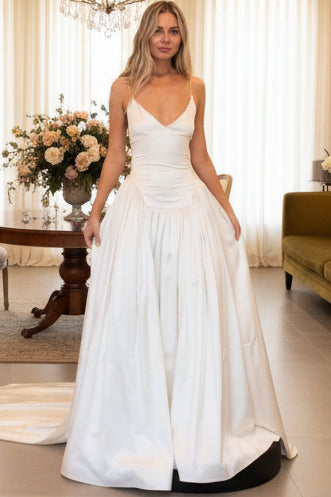 Deep V-Neck Spaghetti Straps Satin Pleated Sweep Train A-Line Wedding Dress