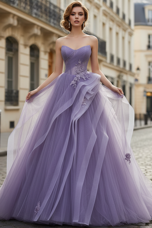 V-Neck Off-Shoulder Sleeveless Floor-Length Applique Ruffled Tulle Pleated A-Line Prom Dress