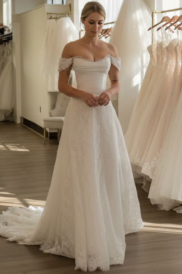 Scoop-Neck Off-Shoulder Sleeveless Satin&Lace Pleated A-Line Wedding Dress with Train
