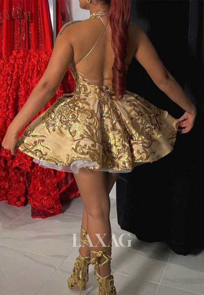 A-Line Off-Shoulder High-Neck Sleeveless Beaded Sequins Glitter Applique Short Homecoming Dress