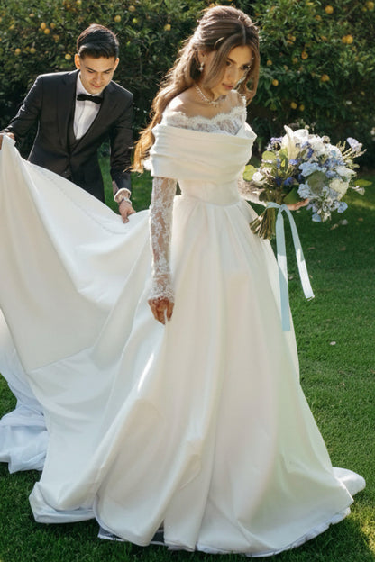 Bateau-Neck Long-Sleeves Satin&Lace Pleated A-Line Wedding Dress with Train