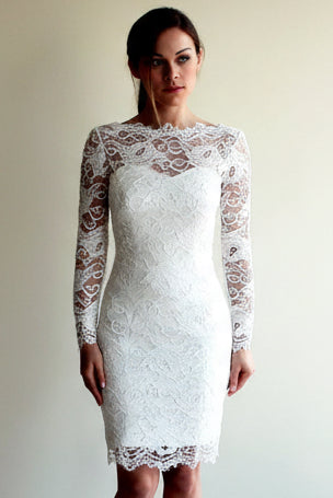 Scoop-Neck Long-Sleeves Lace&Satin Sheer Pleated Short Mermaid Wedding Dress