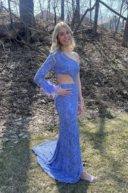 Asymmetrical-Neck One-Long-Sleeve Mermaid Prom Dress Fully Sequined Beaded Party Gowns