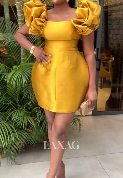 Bateau-Neck Cap-Puff-Sleeves Satin Mermaid Simple Party Homecoming Dress