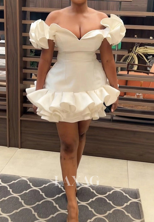 V-Neck Off-Shoulsder Sleeveless Pleated Ruffled Satin A-Line Homecoming Dress