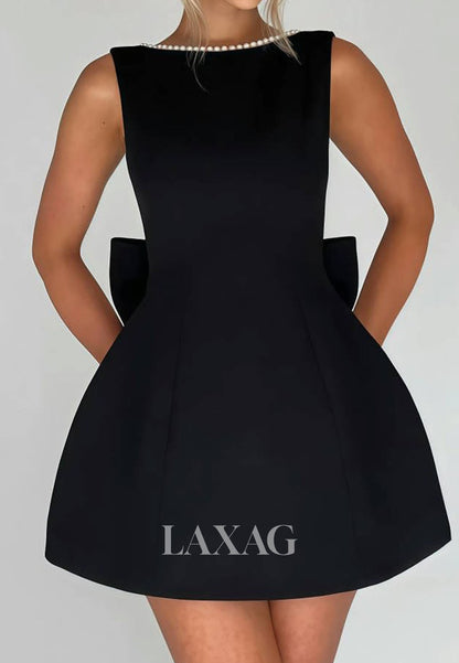 Scoop-Neck Off-Shoulder Sleeveless Pearls Satin A-Line Party Homecoming Dress with Big Bow