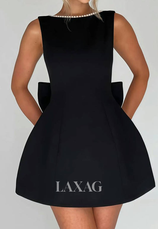 Scoop-Neck Off-Shoulder Sleeveless Pearls Satin A-Line Party Homecoming Dress with Big Bow