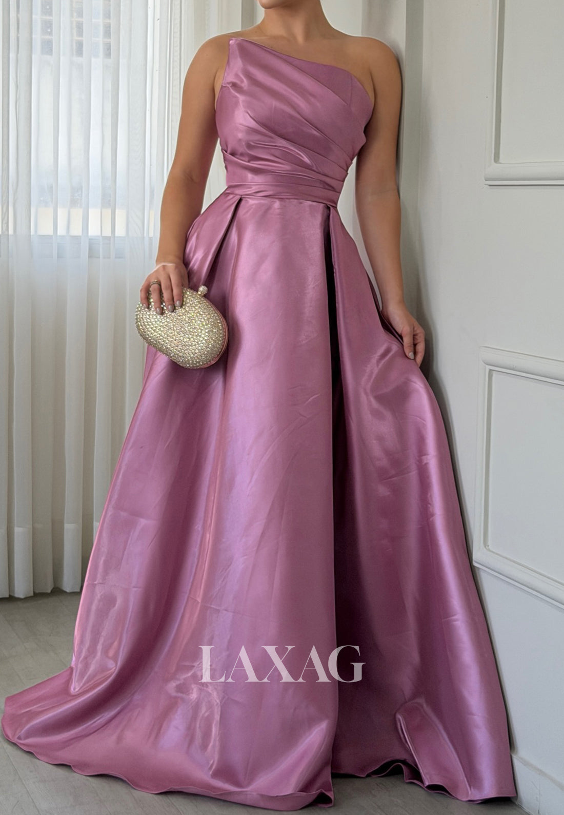 Asymmetrical-Neck Off-Shoulder Sleeveless Satin Pleated Floor-Length Mermaid Evening Dress
