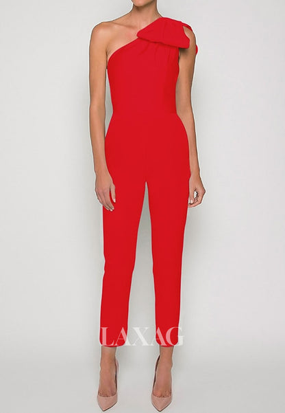 Asymmetrical-Neck One-Strap Sleeveless Satin Pleated Jumpsuit with Detachable Overskirt