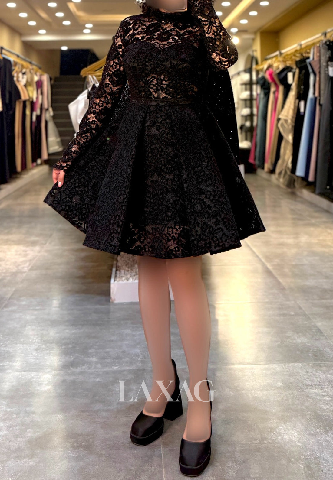 High-Neck Long-Sleeves Allover Lace Pleated Party Short A-Line Party Homecoming Dress