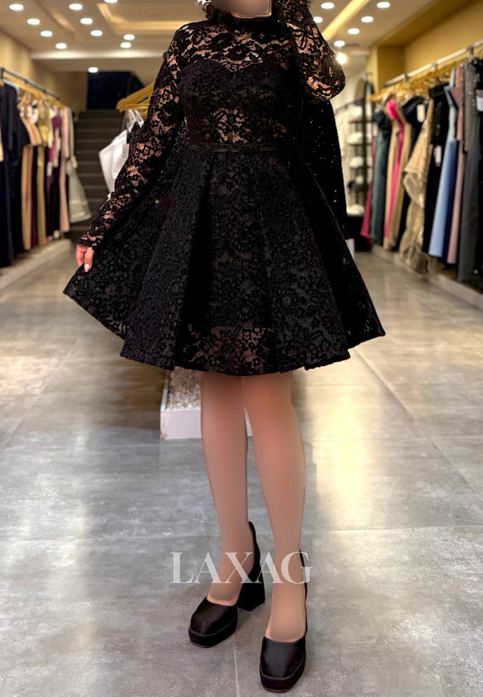 High-Neck Long-Sleeves Allover Lace Pleated Party Short A-Line Party Homecoming Dress