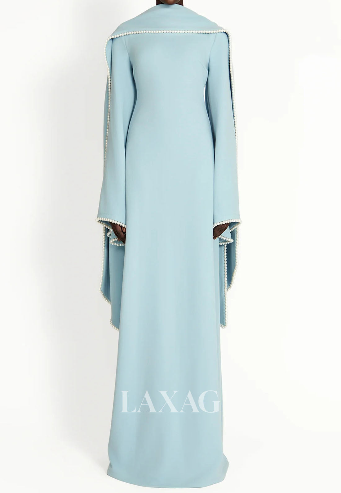 Scoop-Neck Long-Sleeves Pearls Satin Floor-Length Simple Fitted Formal Evening Dress with Overlay