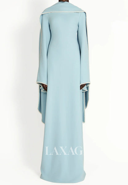 Scoop-Neck Long-Sleeves Pearls Satin Floor-Length Simple Fitted Formal Evening Dress with Overlay