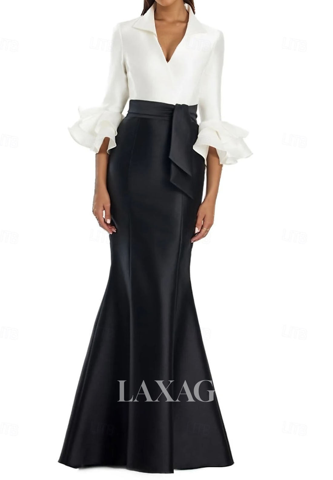 V-Neck Half-Sleeves Trumpet Mermaid Evening Dress Pleated Satin Floor-Length Formal Gowns