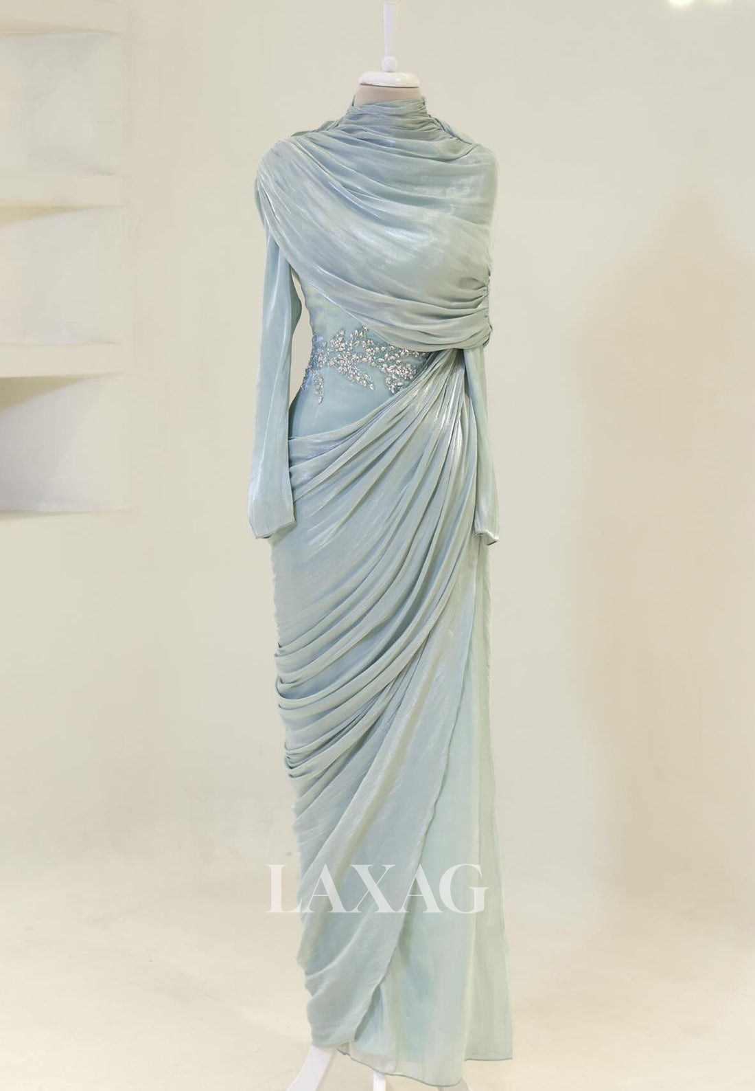 Scoop-Neck Long-Sleeves Rhinestone Beaded Chiffon Pleated Floor-Length Mermaid Evening Dress