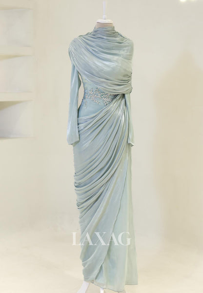 Scoop-Neck Long-Sleeves Rhinestone Beaded Chiffon Pleated Floor-Length Mermaid Evening Dress