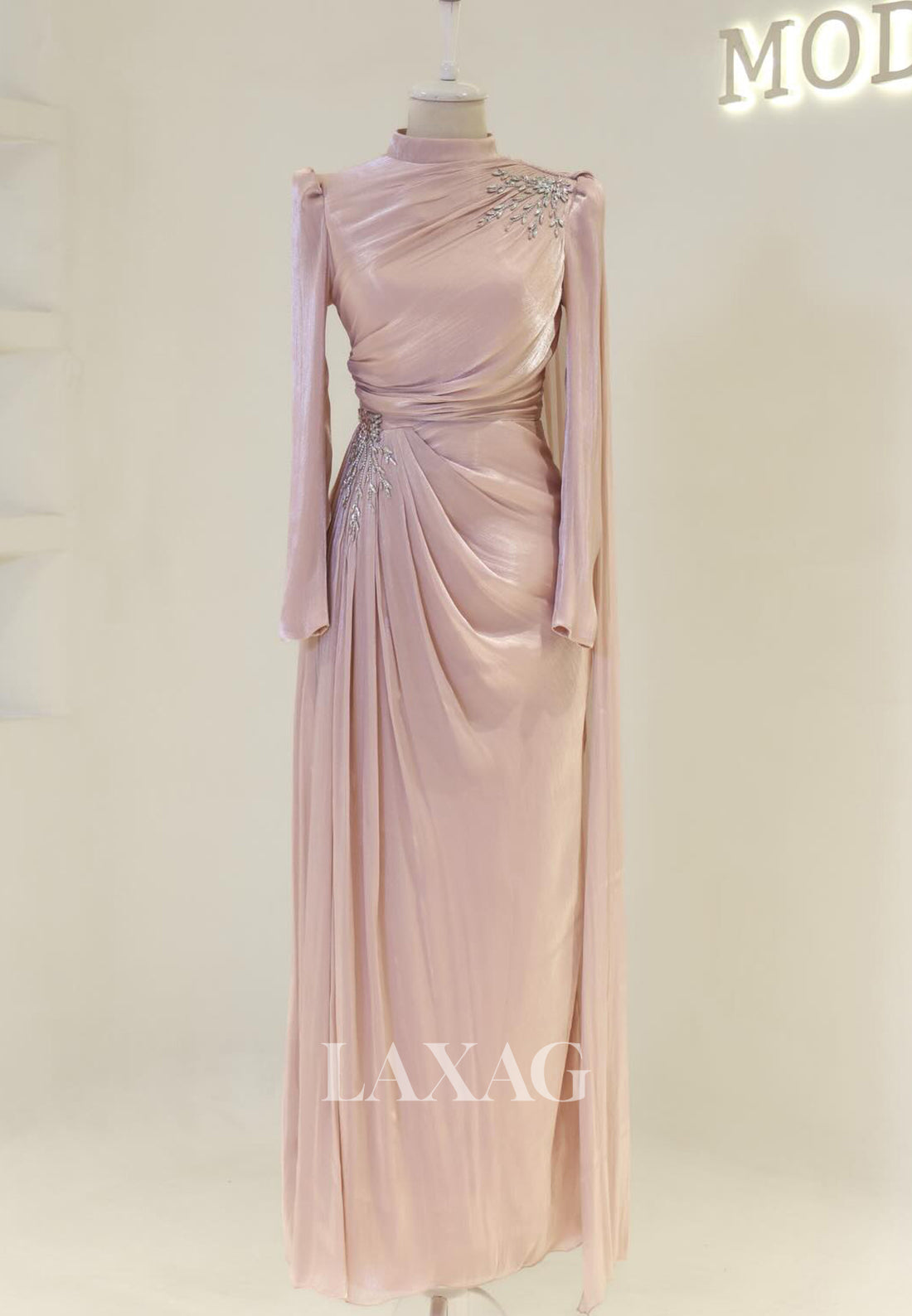 High-Neck Long-Sleeves Rhinestone Beaded Chiffon Pleated Floor-Length Fitted Evening Dress