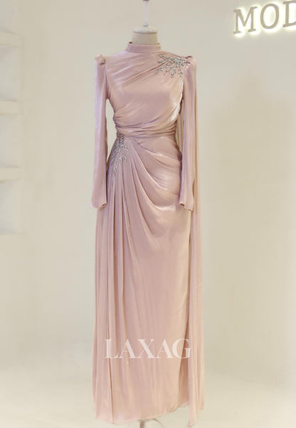 High-Neck Long-Sleeves Rhinestone Beaded Chiffon Pleated Floor-Length Fitted Evening Dress