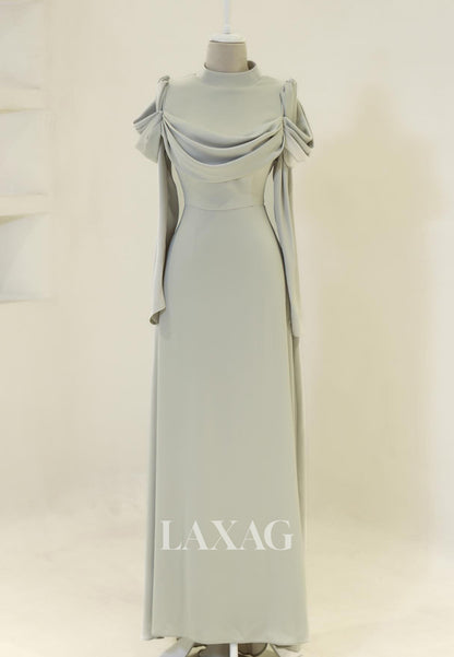 High-Neck Long-Sleeves Satin Pleated Floor-Length Simple Fitted Evening Dress