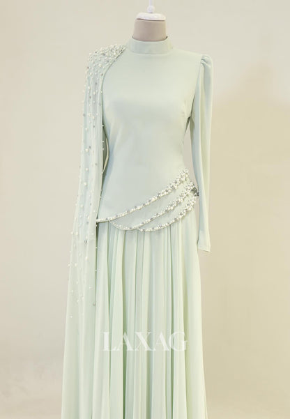 High-Neck Long-Sleeves Pearls Beaded Chiffon Pleated Floor-Length Fitted Evening Dress