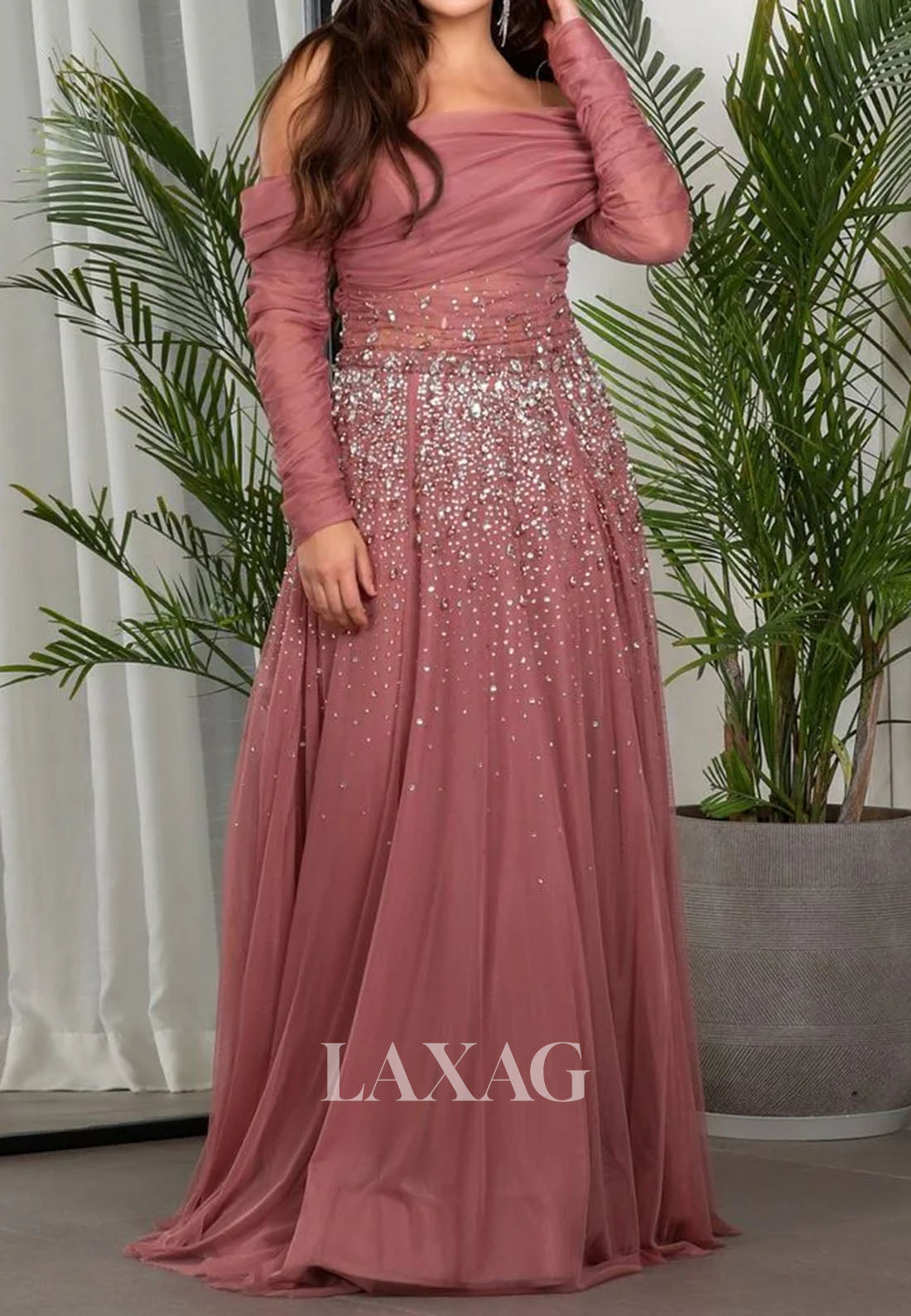 Asymmetrical-Neck Long-Sleeves A-Line Evening Dress Rhinestone Beaded Pleated Tulle Formal Gowns