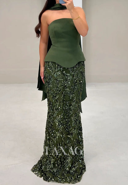 Tube Top Sleeveless Floor-Length Mermaid Evening Dress Off-Shoulder Sequined Satin Formal Gowns