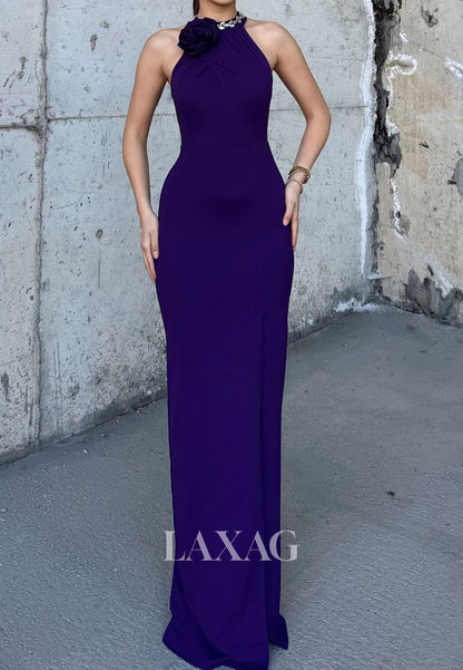 Halter-Neck Off-Shoulder Sleeveless Rhinestone Floral Embellished Pleated Satin Mermiad Evening Dress