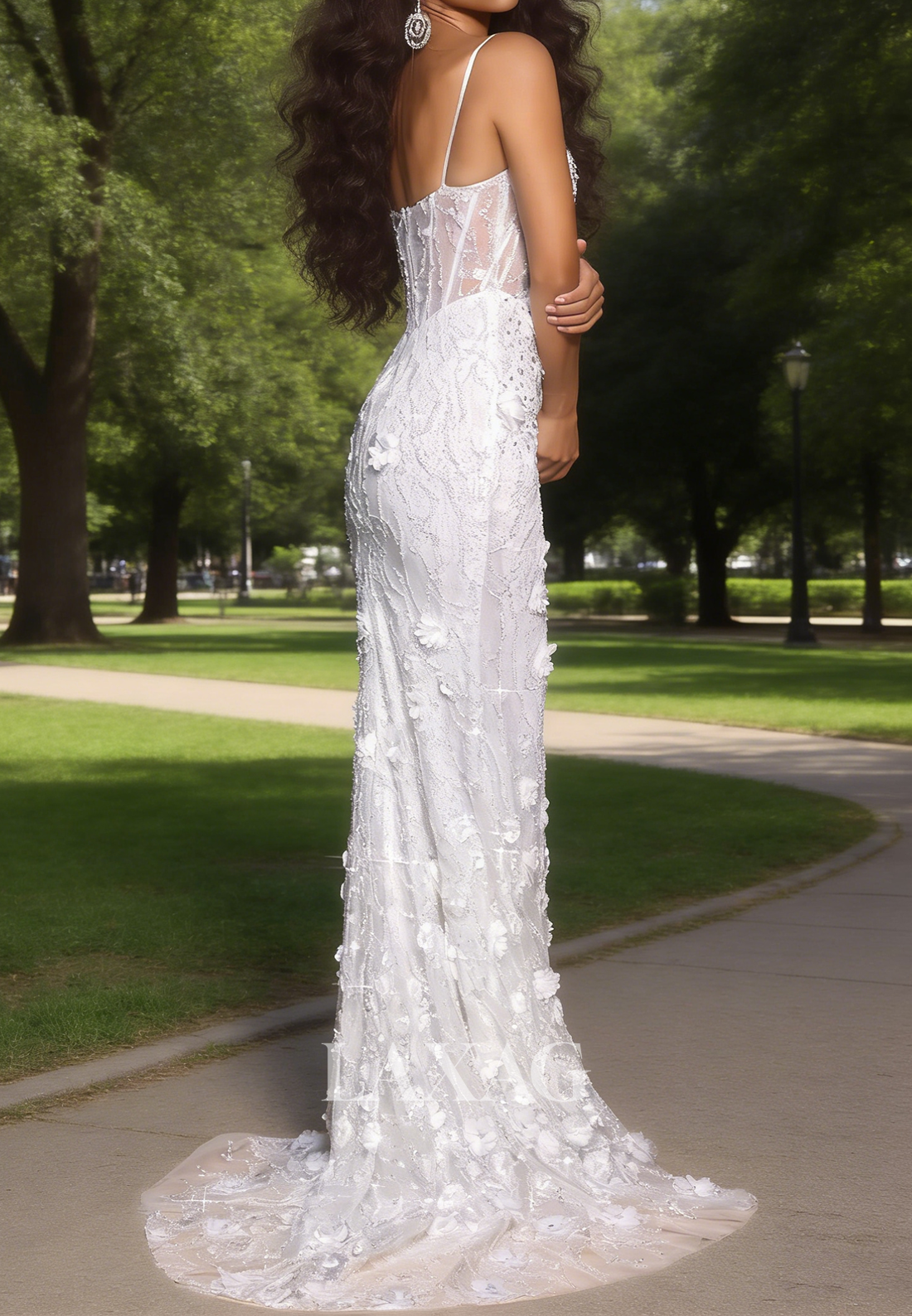 Sweetheart Spaghetti Straps Sequined Floral Embellished Tulle Mermaid Prom Dress with High Slit