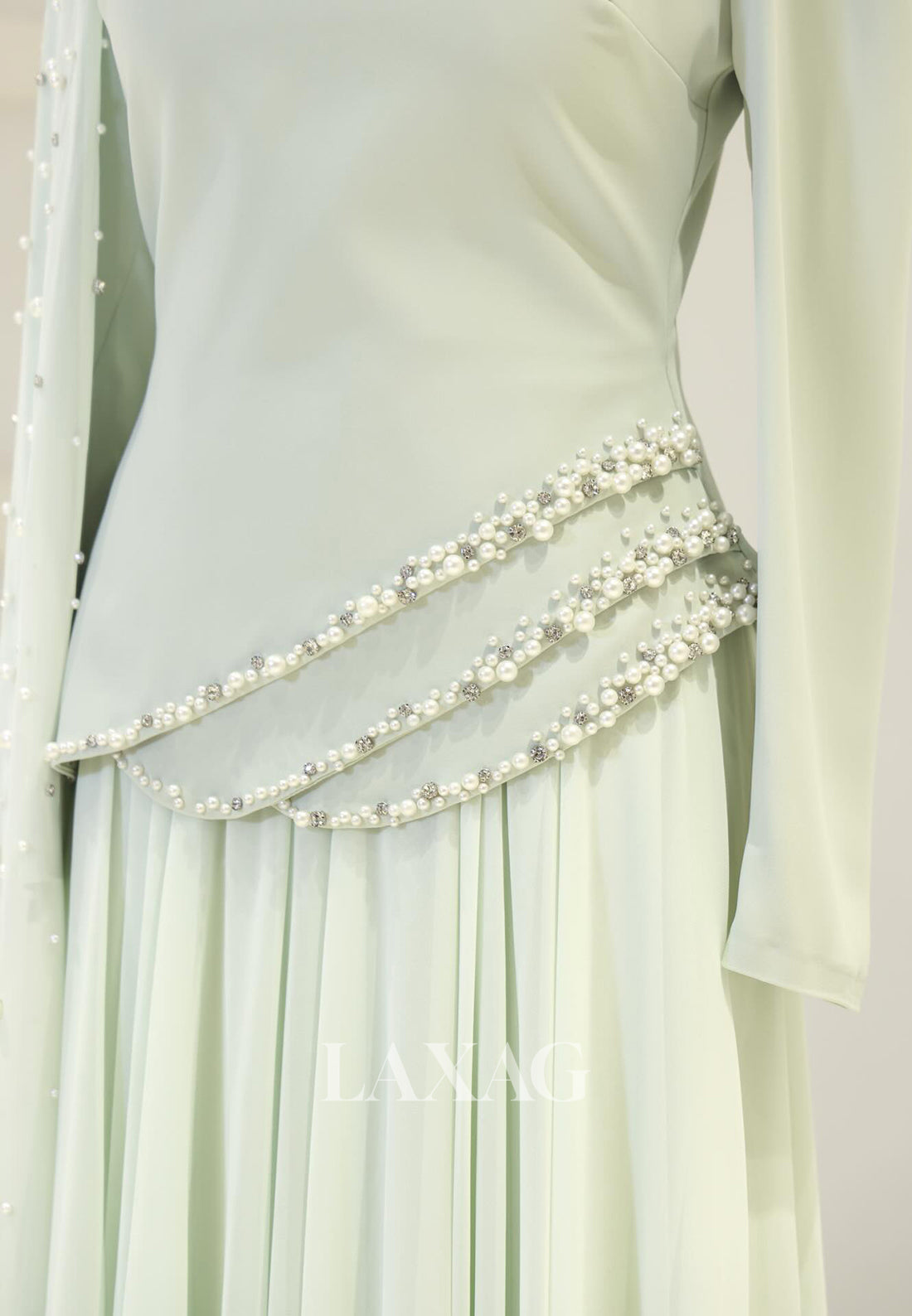 High-Neck Long-Sleeves Pearls Beaded Chiffon Pleated Floor-Length Fitted Evening Dress