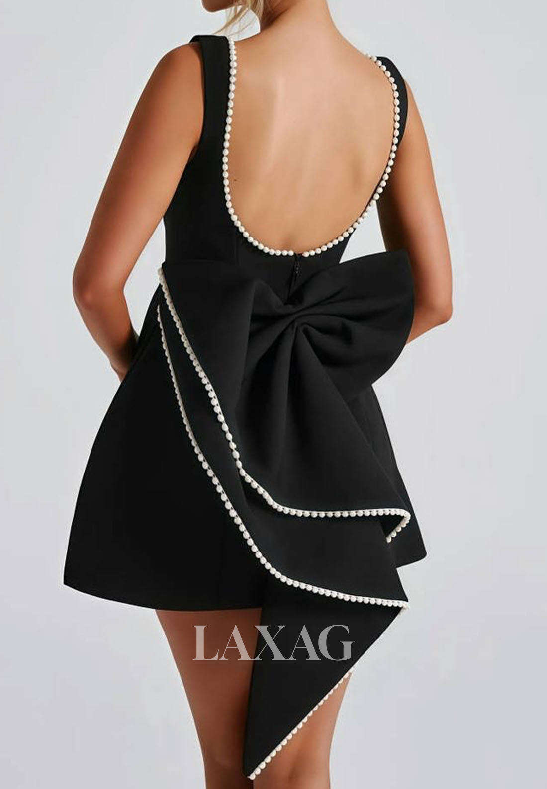 Scoop-Neck Off-Shoulder Sleeveless Pearls Satin A-Line Party Homecoming Dress with Big Bow
