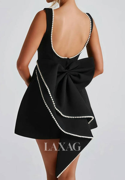 Scoop-Neck Off-Shoulder Sleeveless Pearls Satin A-Line Party Homecoming Dress with Big Bow