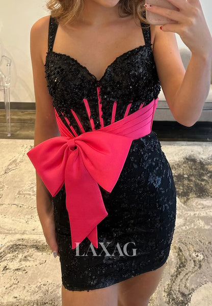 Sweetheart Spaghetti Straps Applique Sequined Mermaid Party Homecoming Dress with Bow