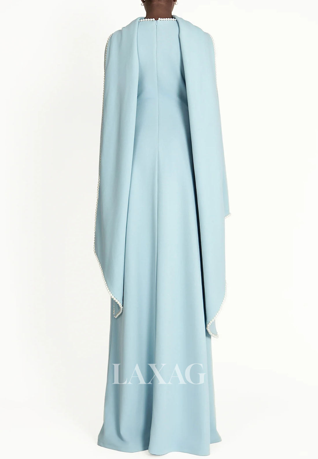 Scoop-Neck Long-Sleeves Pearls Satin Floor-Length Simple Fitted Formal Evening Dress with Overlay